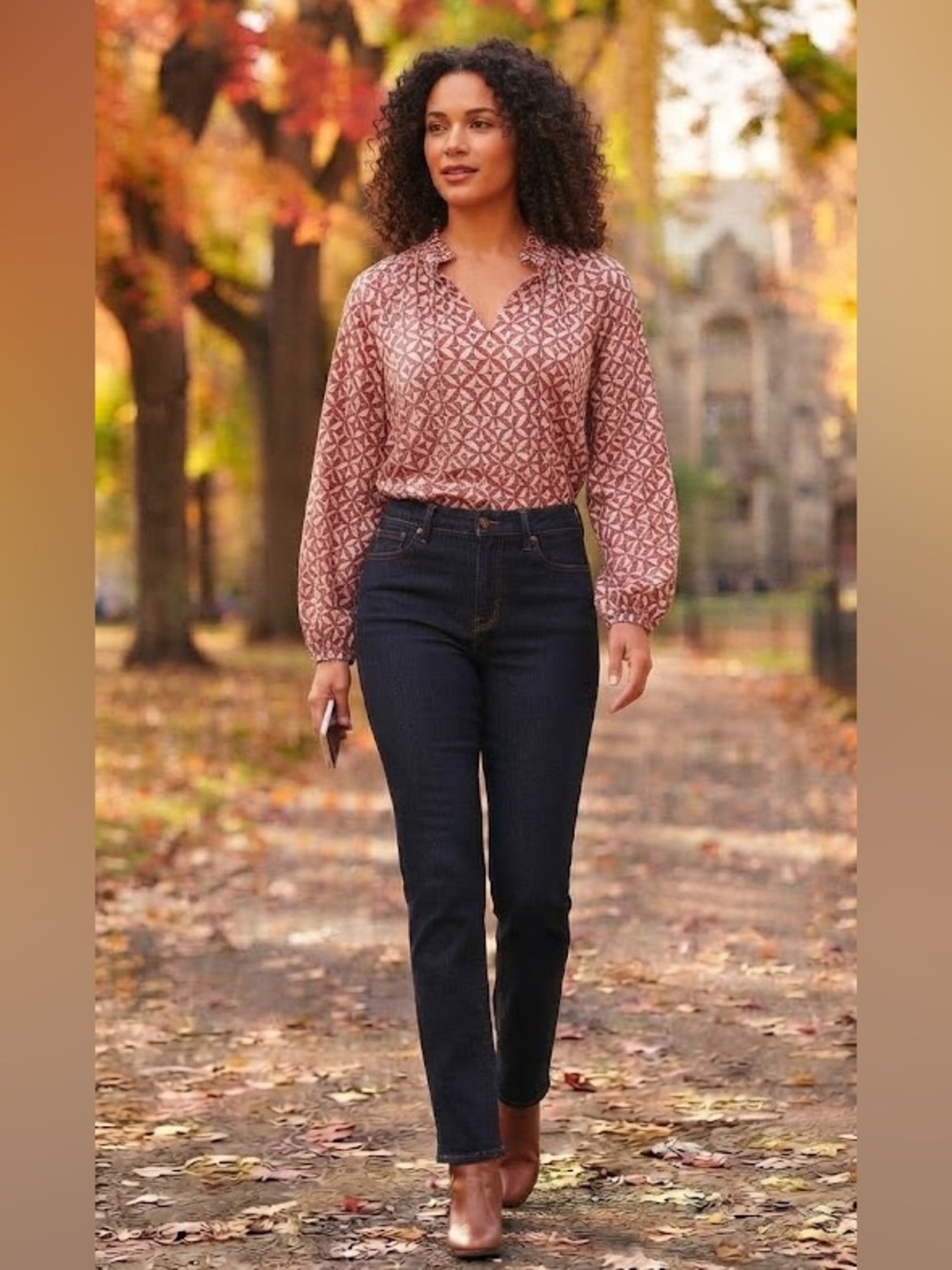 NWT Red Geometric Print Long-Sleeve Sheer Women's Blouse Top M PTP 21”